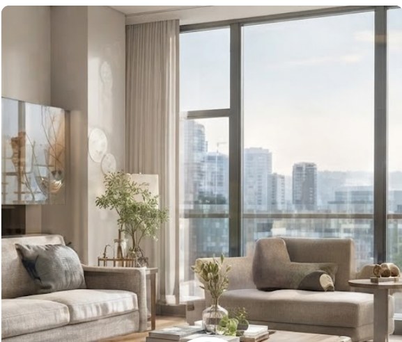 Condominium living room with floor-to-ceiling windows over a city skyline