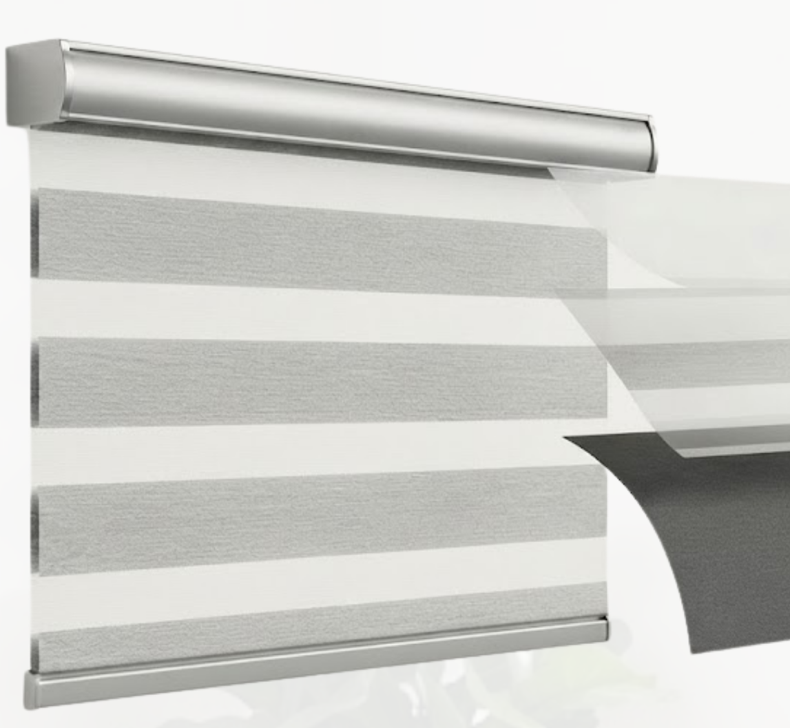 Cutaway of a zebra blind showing its sheer and solid fabric bands and the roller mechanism