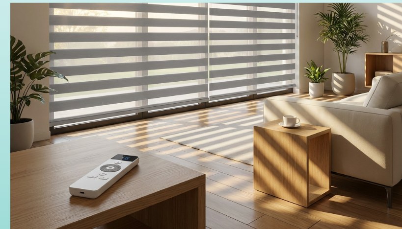Motorized zebra blinds along a wide window wall with a remote control on a side table