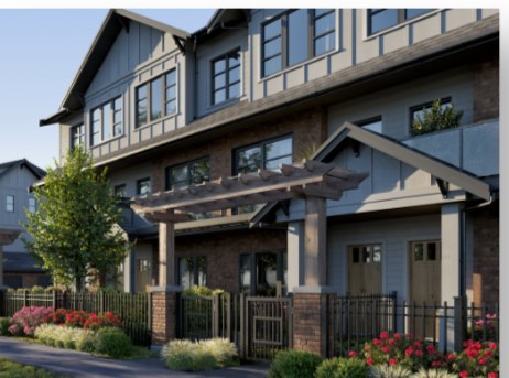 Craftsman-style townhome exterior with landscaped front garden