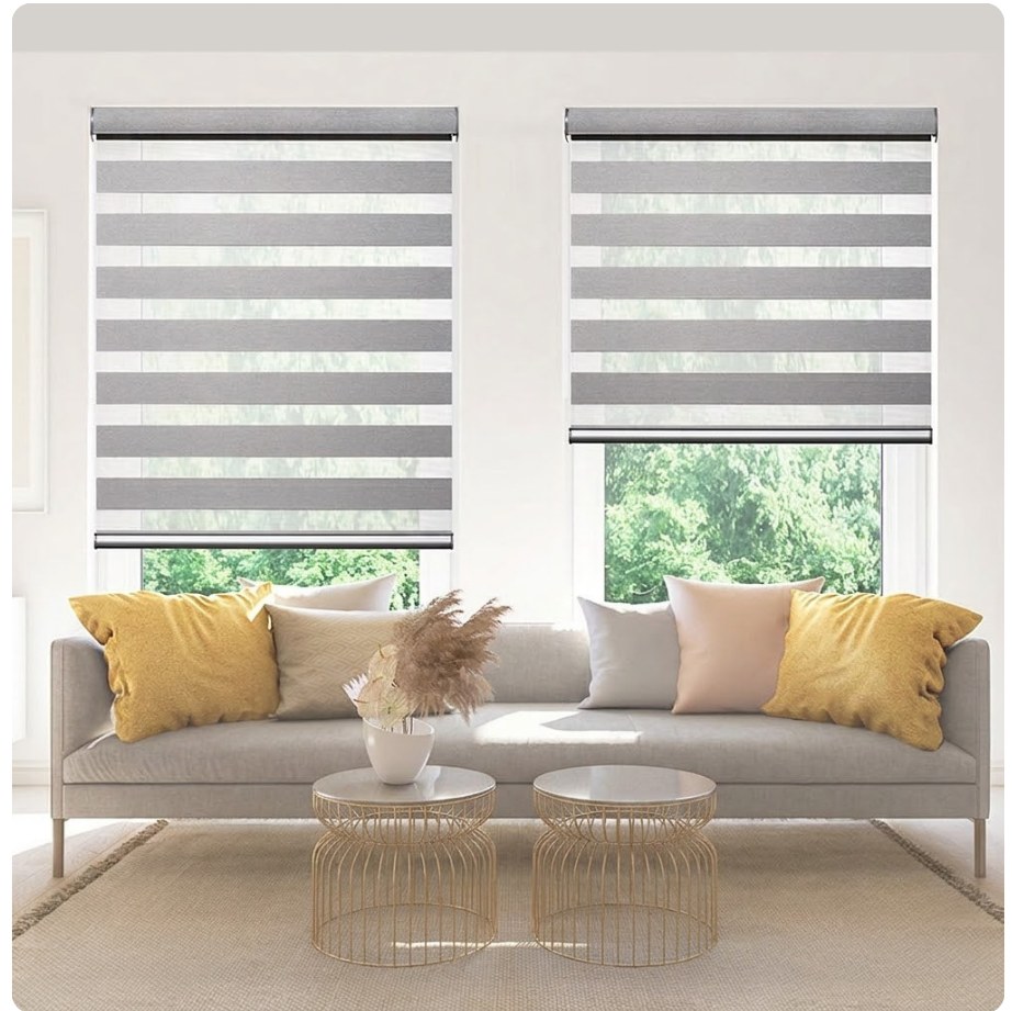 Living room with two grey zebra blinds fitted over tall windows above a sofa