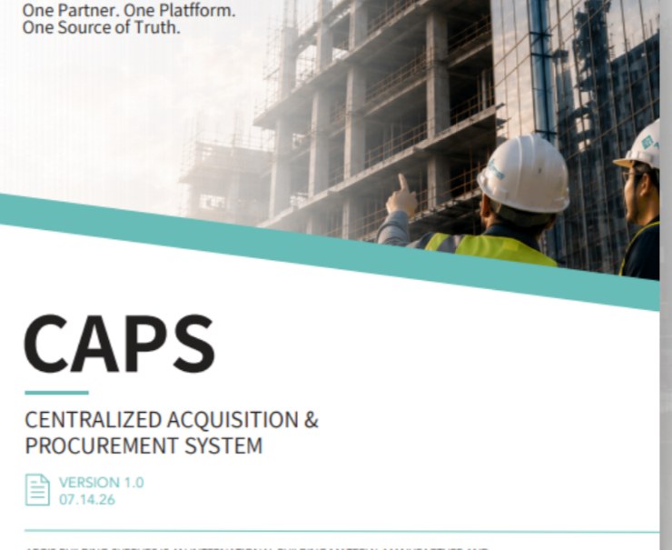 CAPS brochure cover: Centralized Acquisition and Procurement System, version 1.0, over a photo of the AEGIS site team