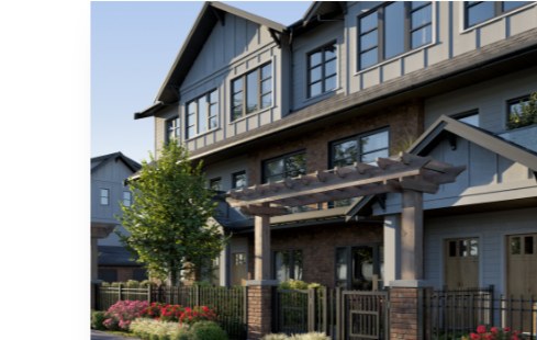 Craftsman townhome with a wood pergola and landscaped garden