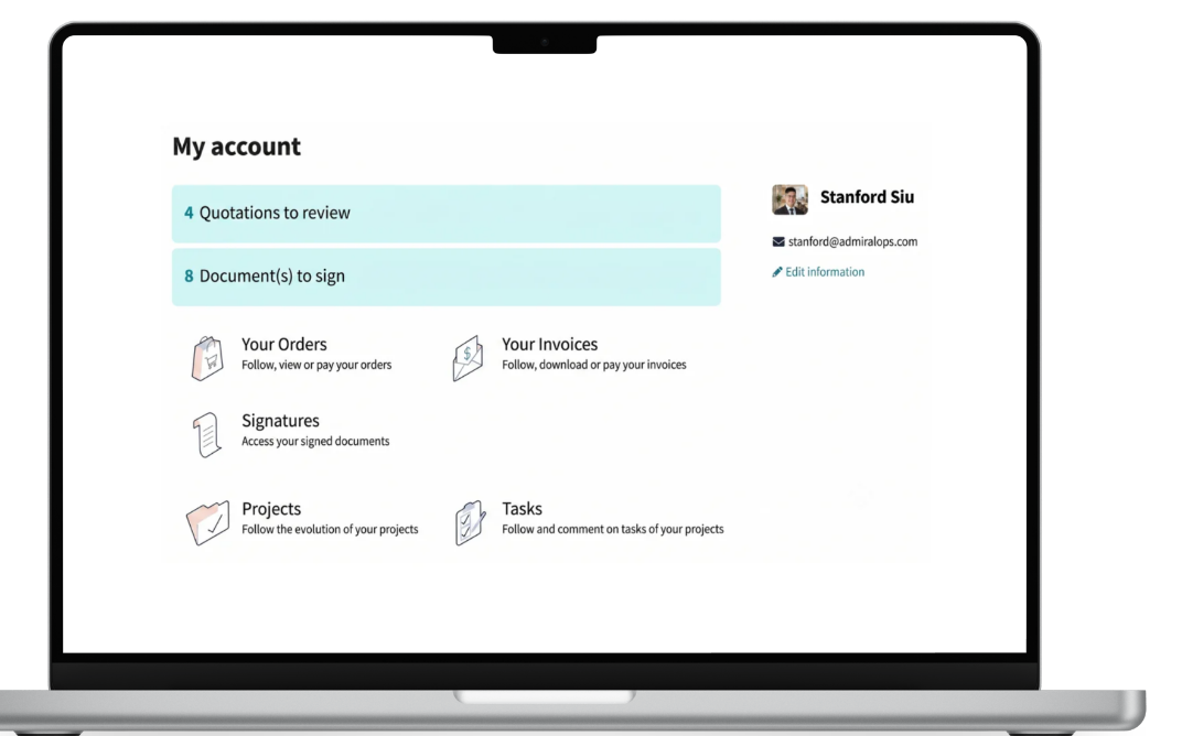 The Aegis partner portal dashboard shown on a laptop: quotations to review, documents to sign, orders, invoices, projects, and tasks