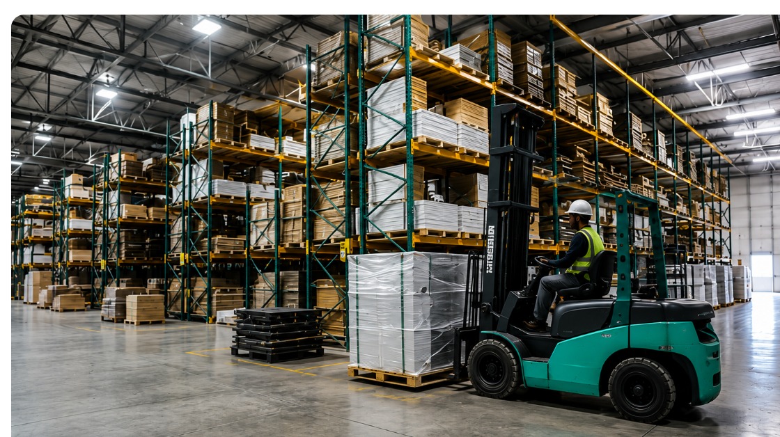 Aegis warehouse team moving building materials with a forklift
