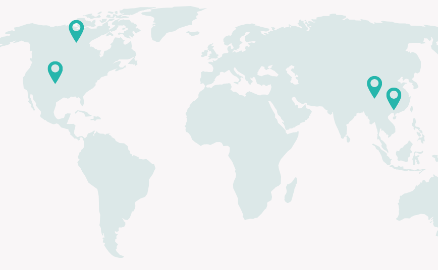 World map marking Aegis sourcing locations in Canada, the United States, China, and Hong Kong
