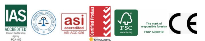 IAS Accredited, ASI Accredited, SAI Global Certified Product, FSC, CE