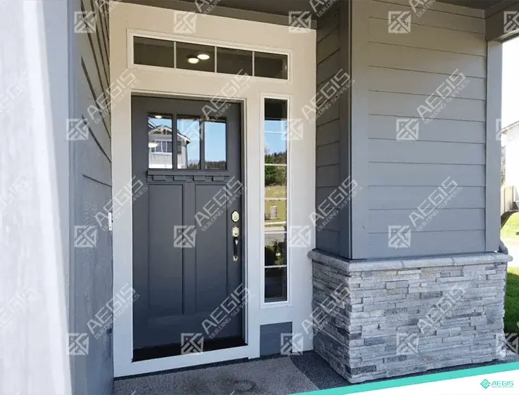 841.6.1 - 3 LITE 2 PANEL WITH DENTIL SHELF - SINGLE - WOOD EXTERIOR DOOR (WITH GLASS) 20 MINUTE FIRE RATING W36 X H80 INCH LEAF RO W38 X H82 INCH (SLAB ONLY, RO = 34"(2'-5/6") SLAB/LEAF = 32"(2'-2/3"), RO = 82"(6'-5/6") SLAB/LEAF = 80"(6'-2/3"), 1'-3/8", 4'-9/16" (2"x4" WALLS), WHITE, BUTT HINGE (TYPICAL), MATTE BLACK, 3, NONE, PRIMER, MILL (RAW ALUMINUM), SMOOTH, SINGLE HOLE)